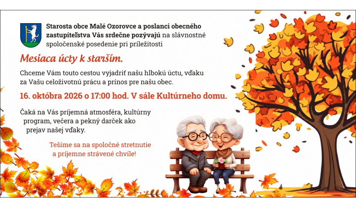 Pozvánka - Mesiac úcty k starším, 16. októbra 2026 o 17:00 hod. v kultúrnom dome v Malých Ozorovciach